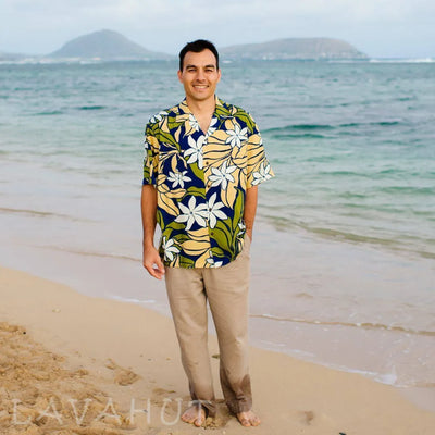Sea Breeze Navy Hawaiian Rayon Shirt - Made In Hawaii