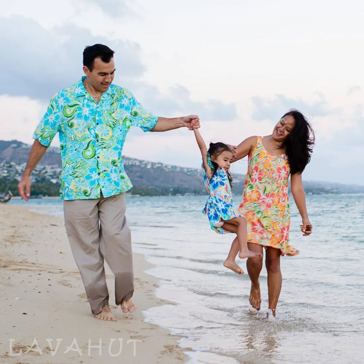 Seaglass Orange Swing Hawaiian Dress Flattering Silhouette with Tropical Flowers Lavahut