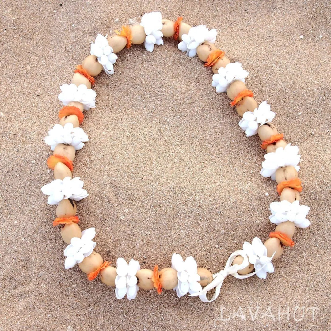 Seashell White Kukui Nut Hawaiian Lei - Made in Hawaii