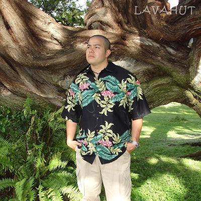 Shell Ginger Black Hawaiian Rayon Shirt - Made In Hawaii