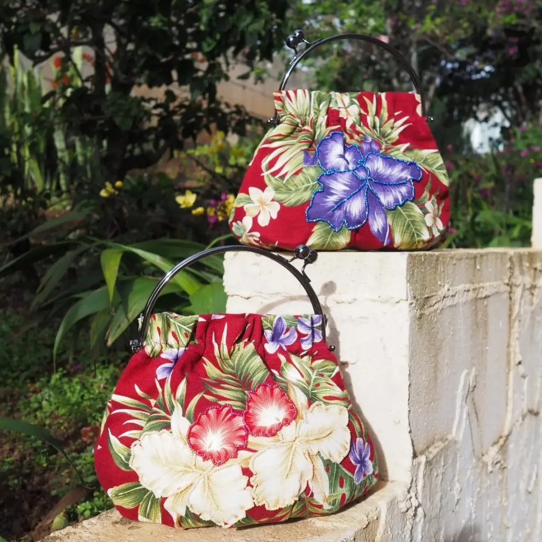 Sundazed Maroon Beaded Hawaiian Purse with Cream Orchids - Made in Hawaii