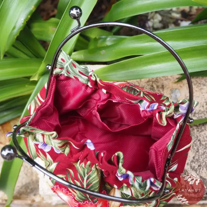 Sundazed Maroon Beaded Hawaiian Purse with Cream Orchids - Made in Hawaii