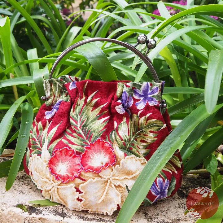 Sundazed Maroon Beaded Hawaiian Purse with Cream Orchids - Made in Hawaii