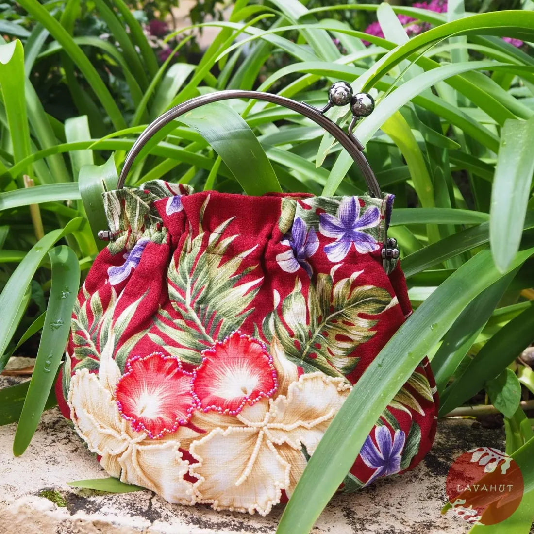 Sundazed Maroon Beaded Hawaiian Purse With Cream Orchids - Made In Hawaii