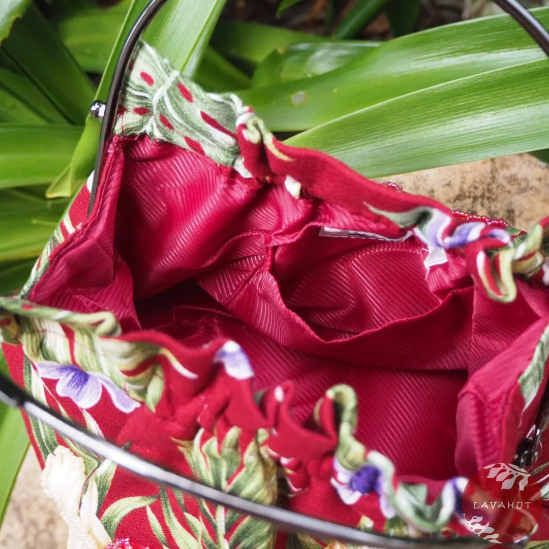 Sundazed Maroon Beaded Hawaiian Purse with Cream Orchids - Made in Hawaii