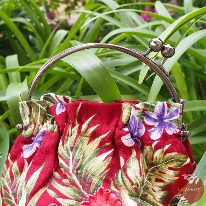 Sundazed Maroon Beaded Hawaiian Purse with Cream Orchids - Made in Hawaii