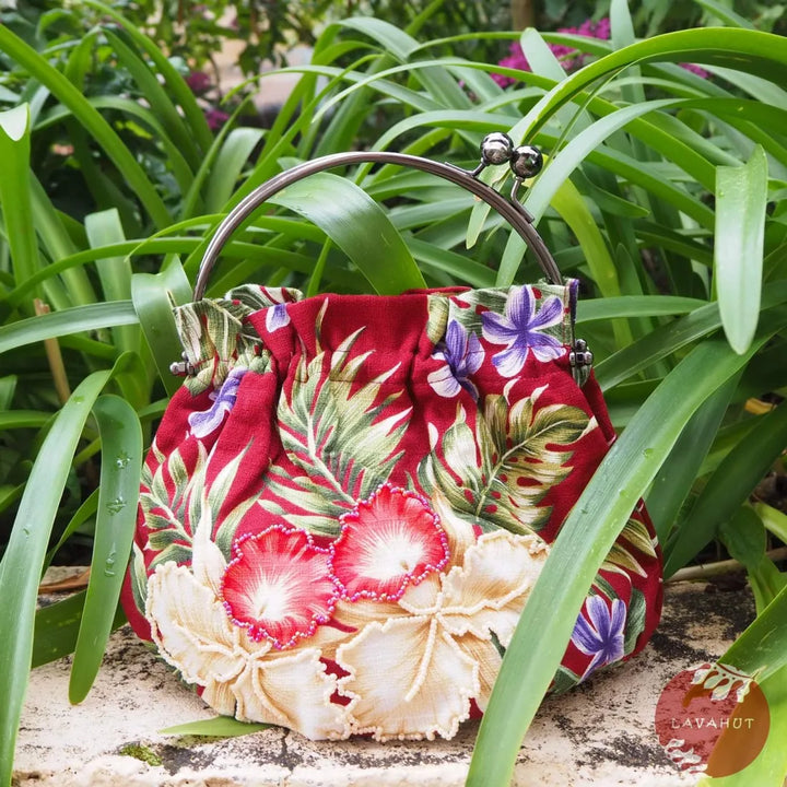 Sundazed Maroon Beaded Hawaiian Purse with Cream Orchids - Made in Hawaii