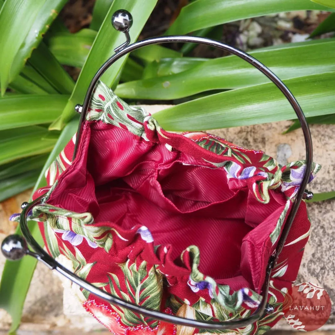 Sundazed Maroon Beaded Hawaiian Purse with Cream Orchids - Made in Hawaii