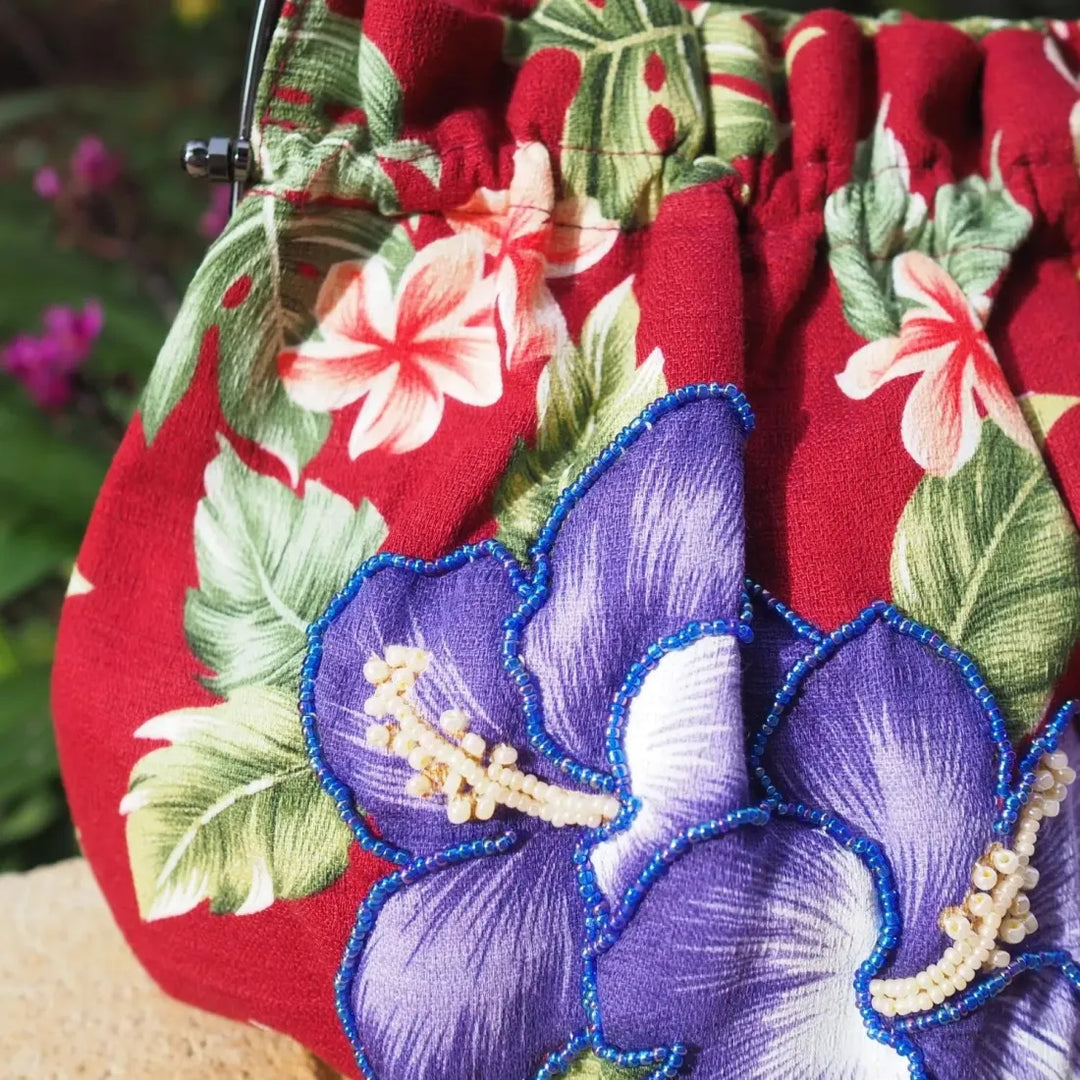 Sundazed Maroon Beaded Hawaiian Purse with Purple Flowers - Made in Hawaii