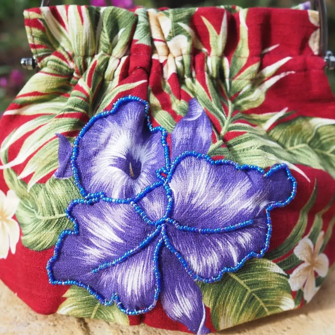 Sundazed Maroon Beaded Hawaiian Purse With Purple Flowers - Made In Hawaii