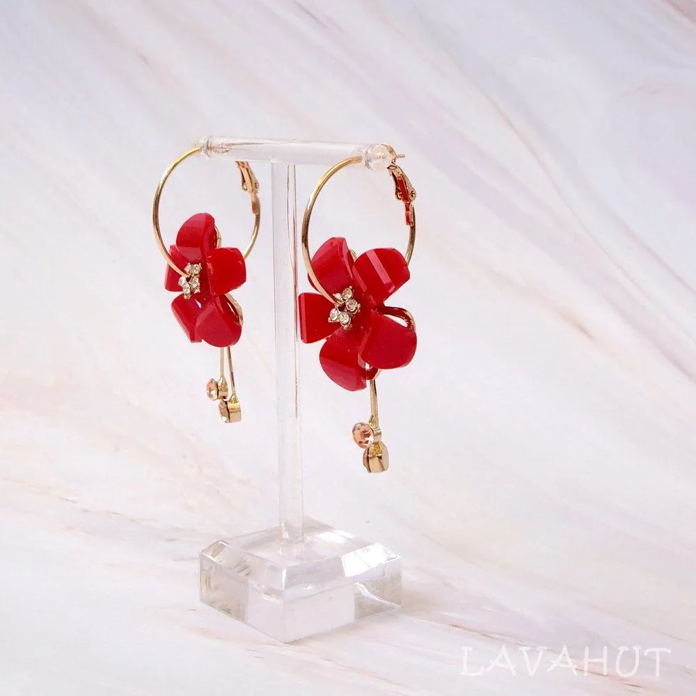 Sunny Plumeria Red Dangle Hoop Earrings - Made In Hawaii