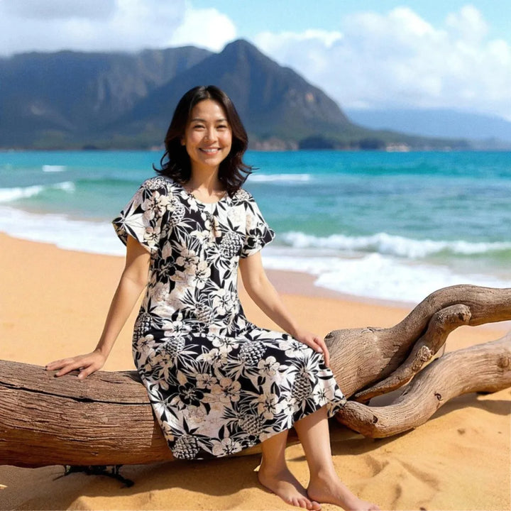 Sweet Pineapple Black Cotton Hawaiian Tea Muumuu Dress - Made in Hawaii