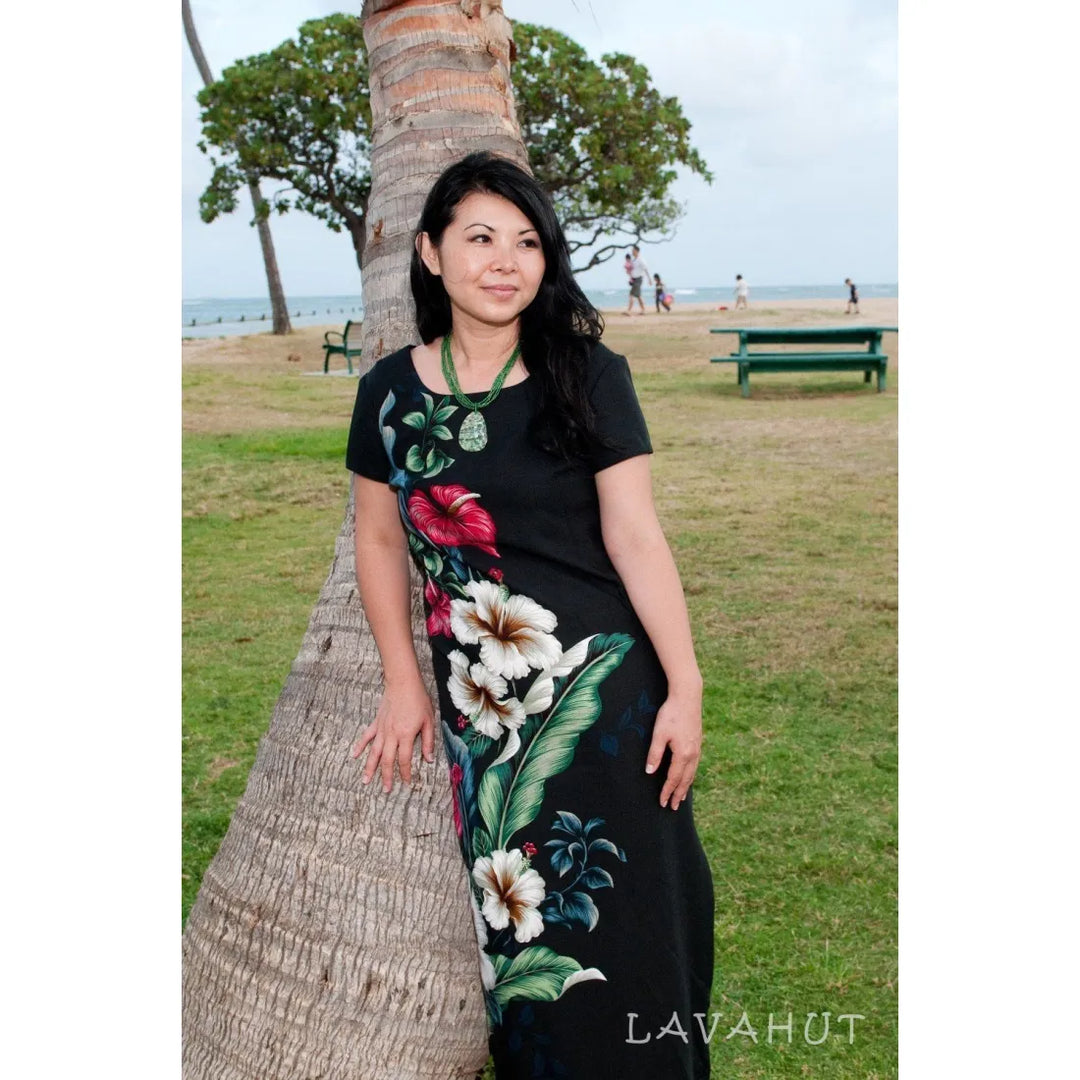 Sweetheart Black Hawaiian Dress with Sleeves Elegant Formal Dress Piping Detail Tropical Design Lavahut