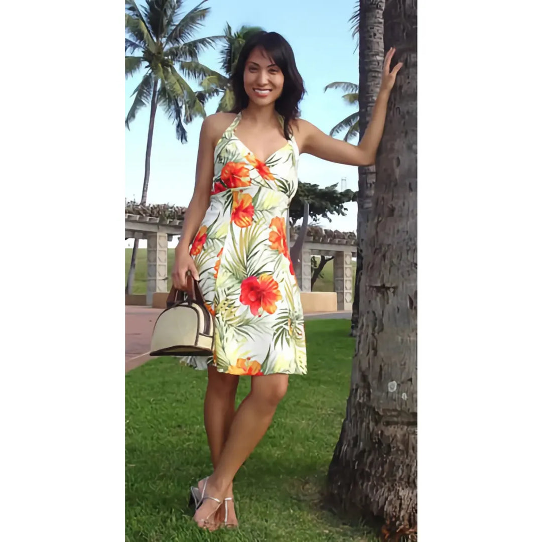 Tangerine Napali Hawaiian Halter Dress - Made in Hawaii