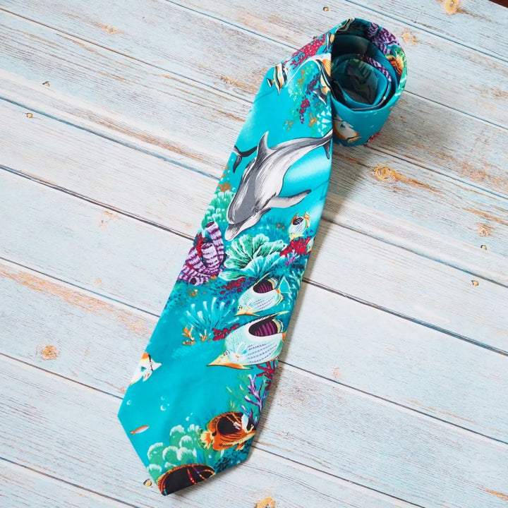 Teal Sealife Hawaiian Necktie - Made in Hawaii