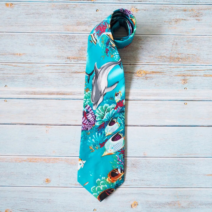 Teal Sealife Hawaiian Necktie - Made in Hawaii