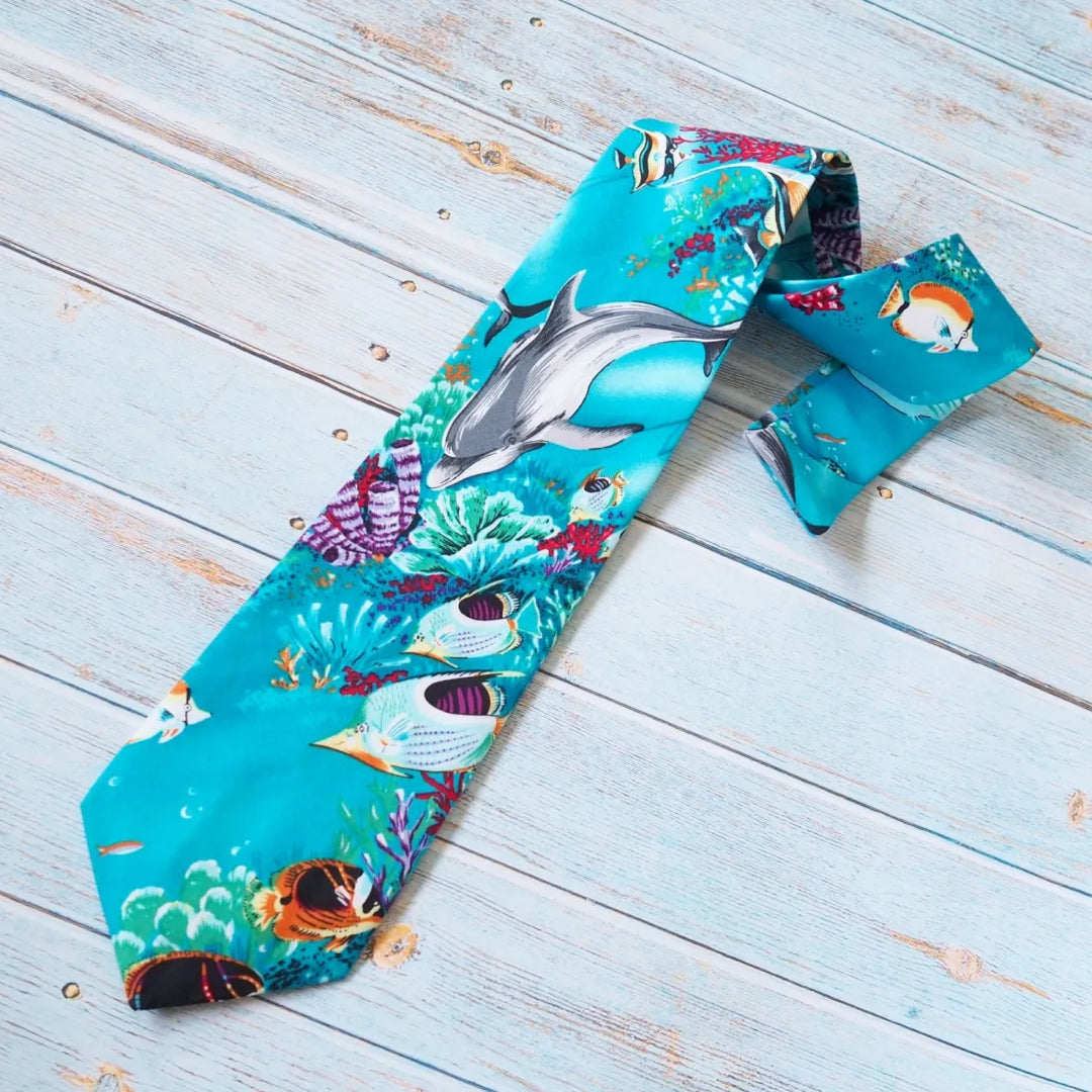 Teal Sealife Hawaiian Necktie - Made in Hawaii