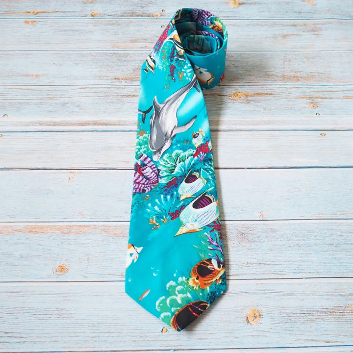 Teal Sealife Hawaiian Necktie - Made in Hawaii