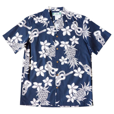 Ukulele Fun Navy Hawaiian Cotton Shirt - Made In Hawaii