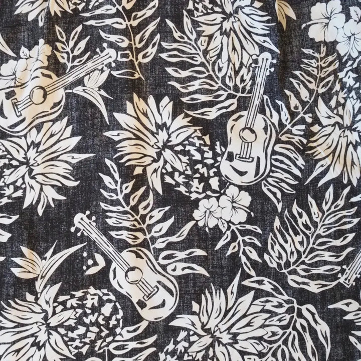 Ukulele Serenade Black Hawaiian Rayon Shirt - Made in Hawaii