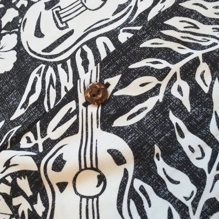 Ukulele Serenade Black Hawaiian Rayon Shirt - Made in Hawaii