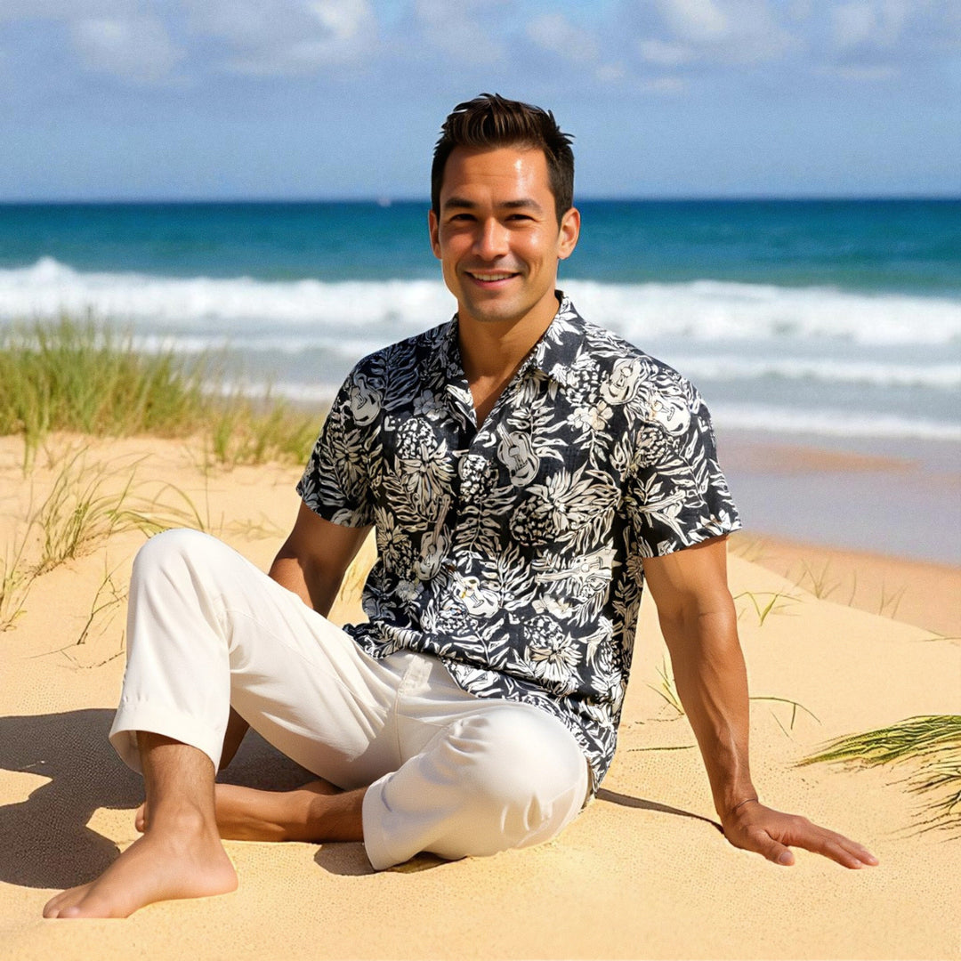 Ukulele Serenade Black Hawaiian Rayon Shirt Made in Hawaii