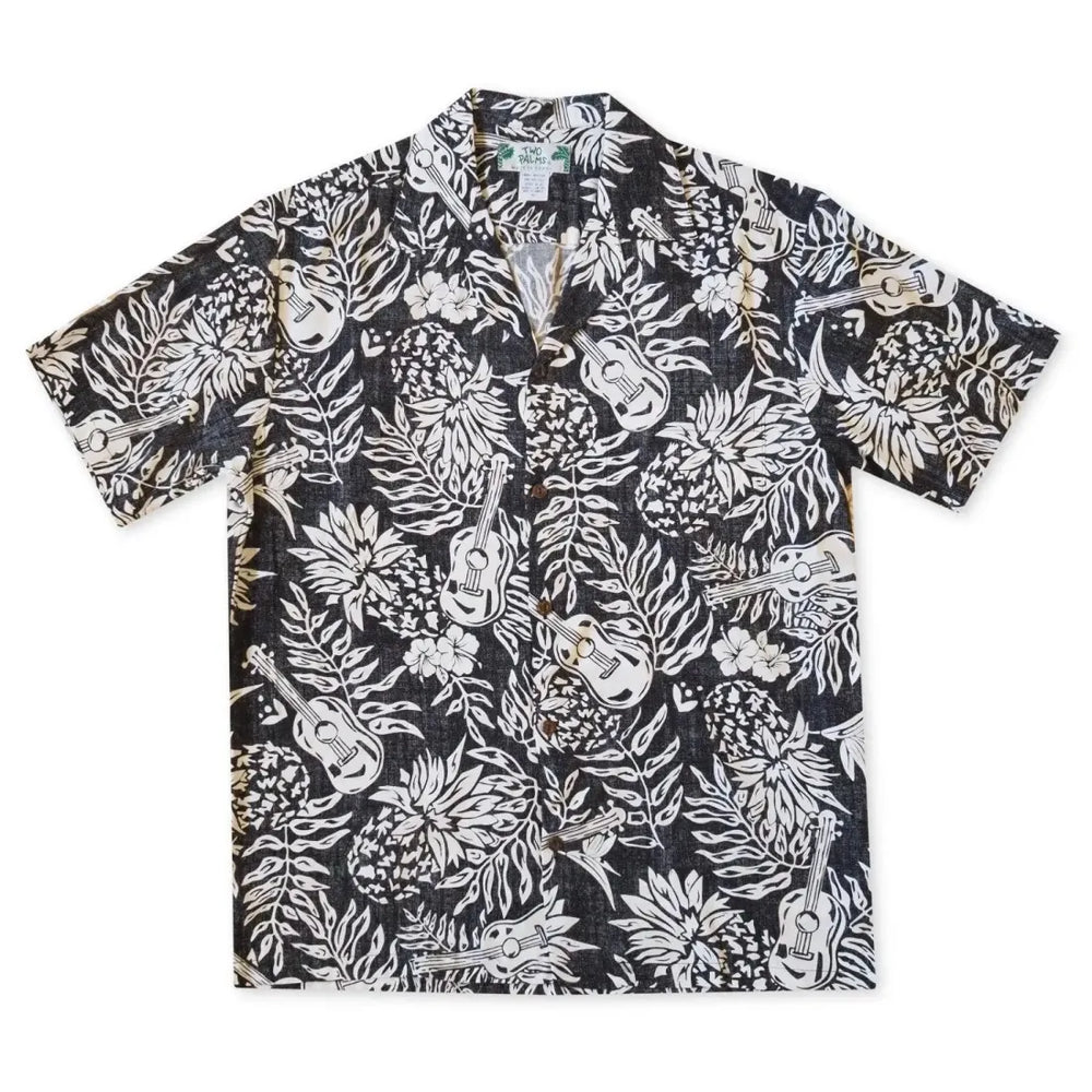 Ukulele Serenade Black Hawaiian Rayon Shirt - Made in Hawaii