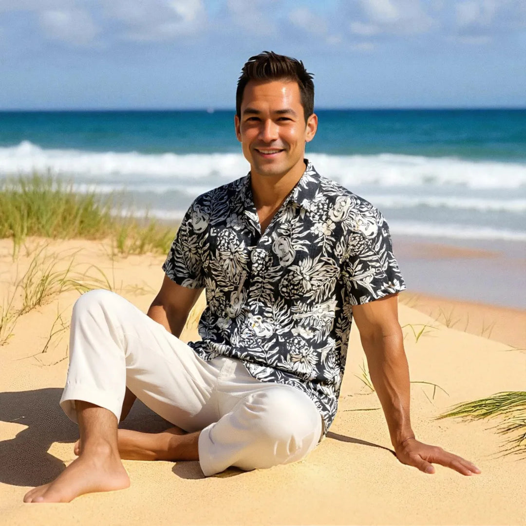 Ukulele Serenade Black Hawaiian Rayon Shirt - Made in Hawaii