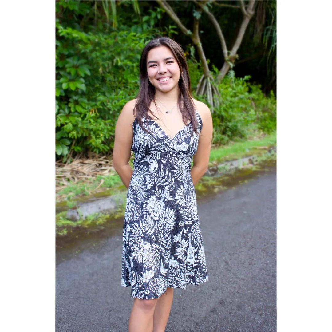 Ukulele Serenade Black Napali Hawaiian Halter Dress – Authentic Hawaiian Women's Dress by Lavahut