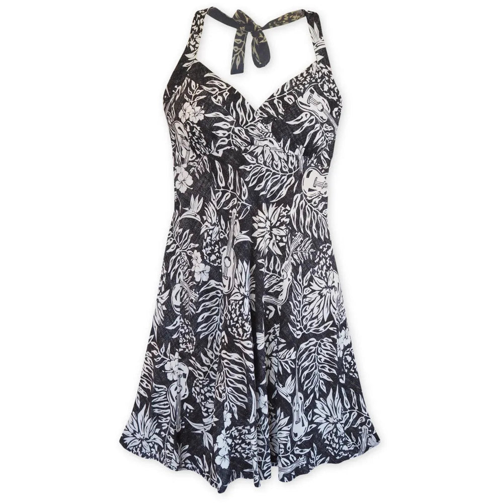 Ukulele Serenade Black Napali Hawaiian Halter Dress – Authentic Hawaiian Women's Dress by Lavahut