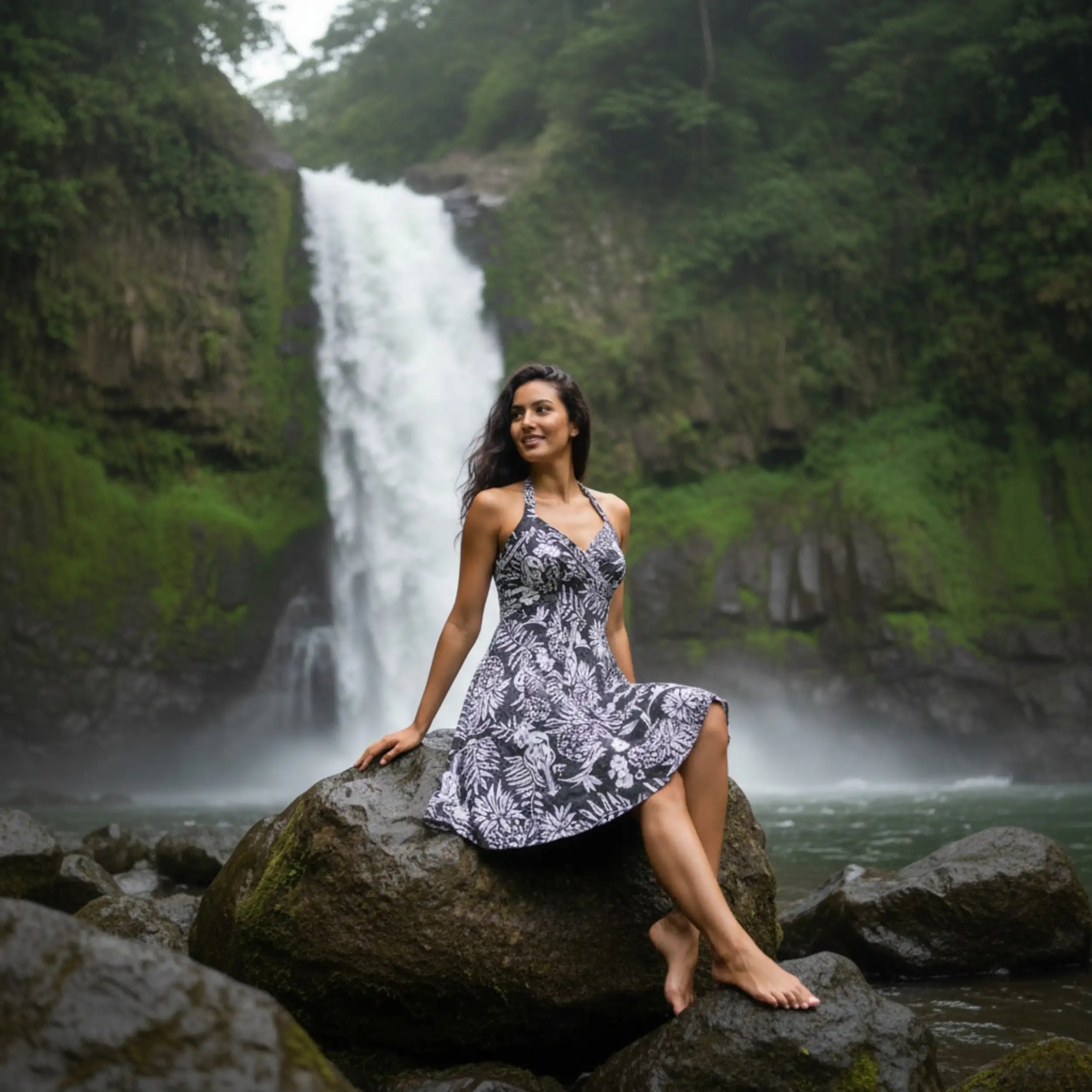 Ukulele Serenade Black Napali Hawaiian Halter Dress - Made in Hawaii