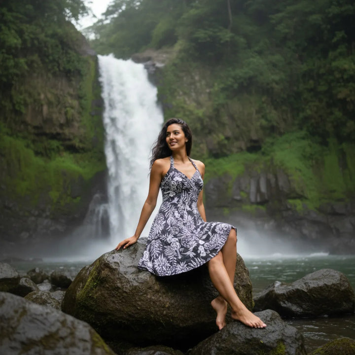 Ukulele Serenade Black Napali Hawaiian Halter Dress - Made in Hawaii
