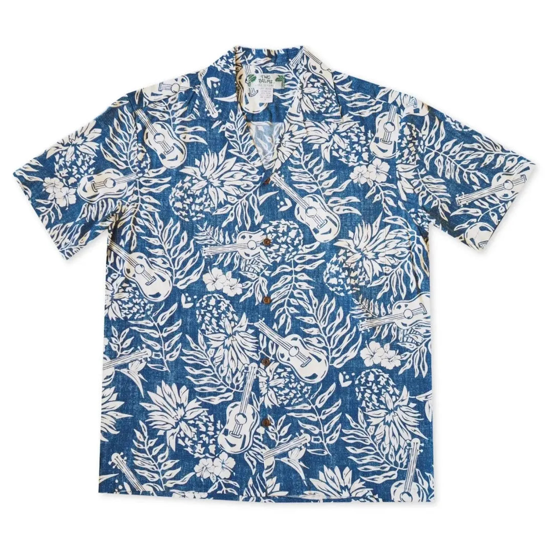 Ukulele Serenade Blue Hawaiian Rayon Shirt - Made in Hawaii