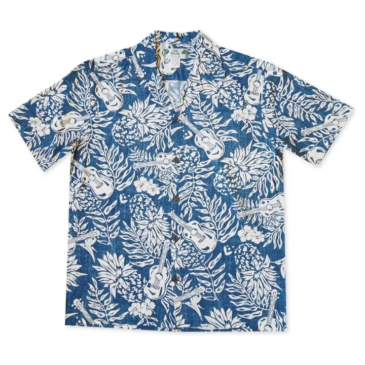 Ukulele Serenade Blue Hawaiian Rayon Shirt - Made in Hawaii