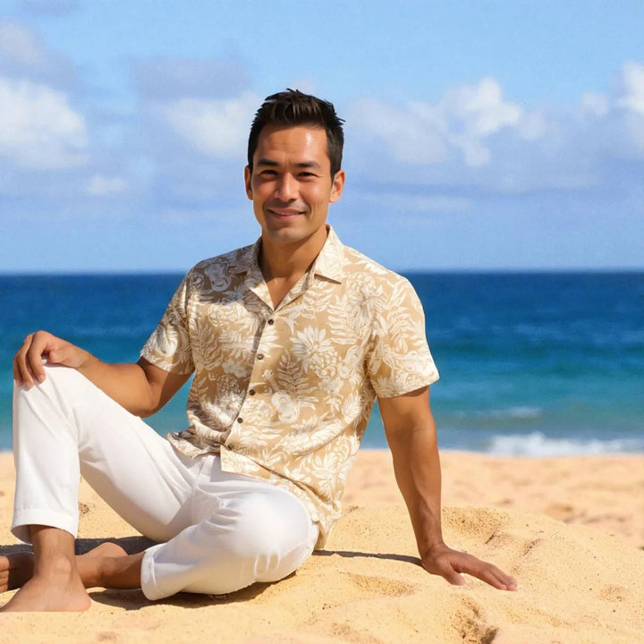 Ukulele Serenade Tan Hawaiian Rayon Shirt - Made in Hawaii