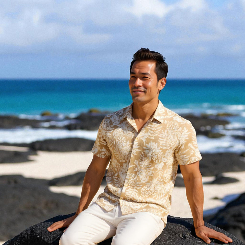 Ukulele Serenade Tan Hawaiian Rayon Shirt Made in Hawaii