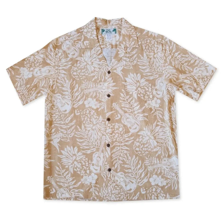 Ukulele Serenade Tan Hawaiian Rayon Shirt - Made in Hawaii