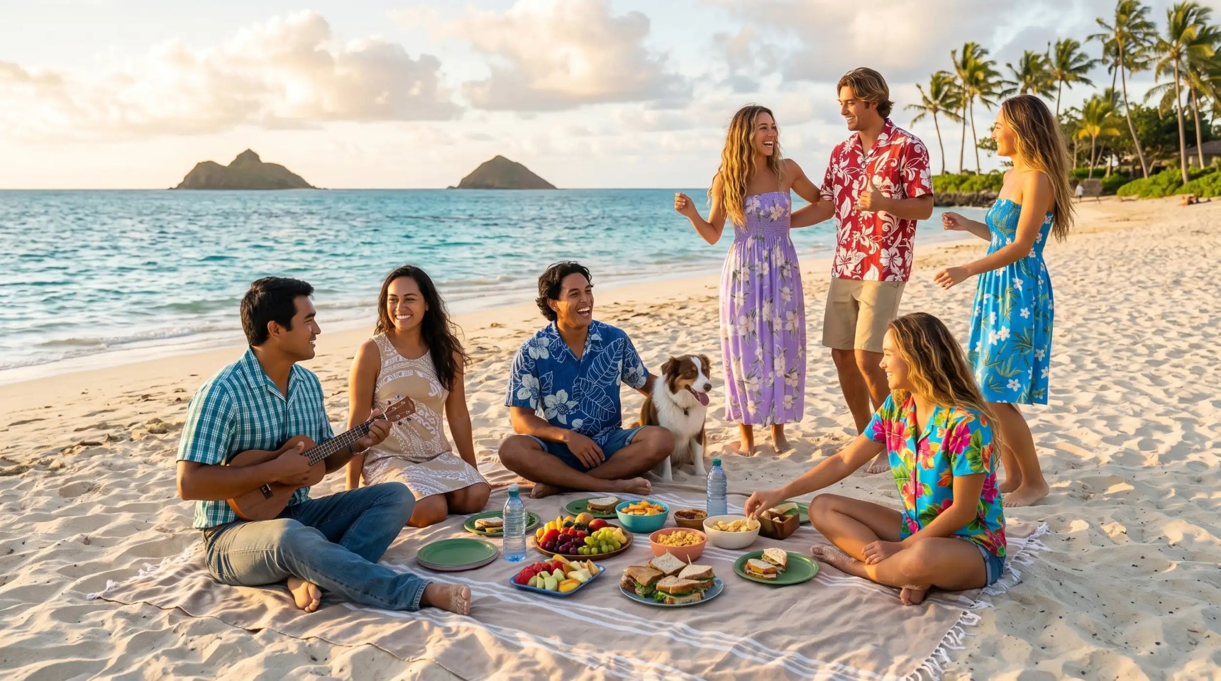 A vibrant beach picnic blanket with a subtle woven texture, spread across the sand.