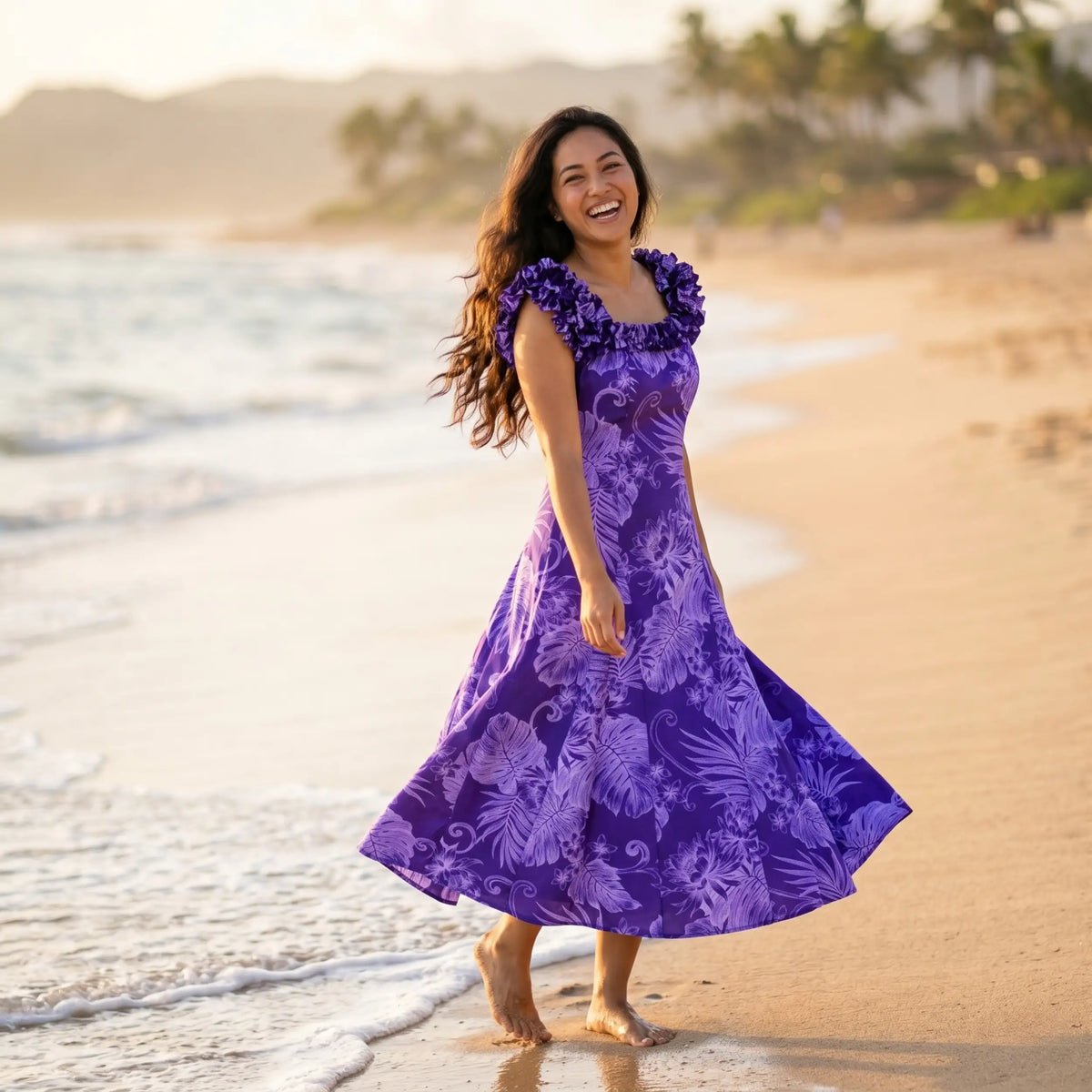 A vibrant purple tropical print maxi dress with ruffled shoulder details.