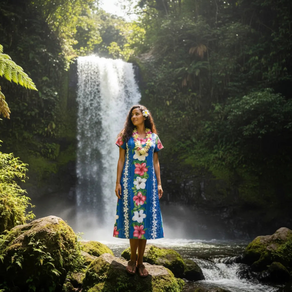 loose dress of hawaiian origin with bright colors Stunning Vintage Aloha Nalani Hawaiian Dress L / blue