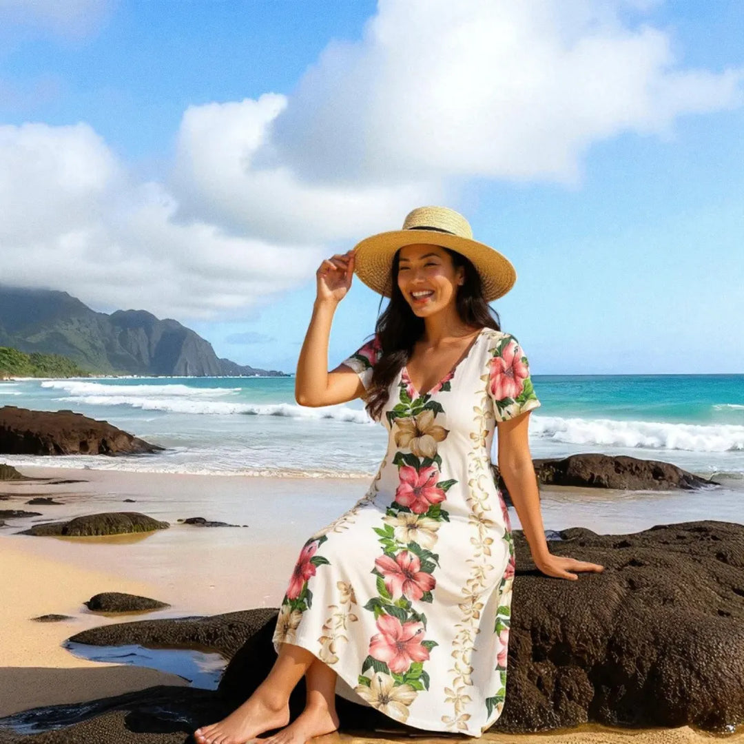 Vintage Aloha Cream Nalani Hawaiian Dress - Made in Hawaii