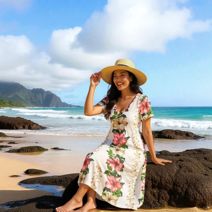 Vintage Aloha Cream Nalani Hawaiian Dress - Made in Hawaii