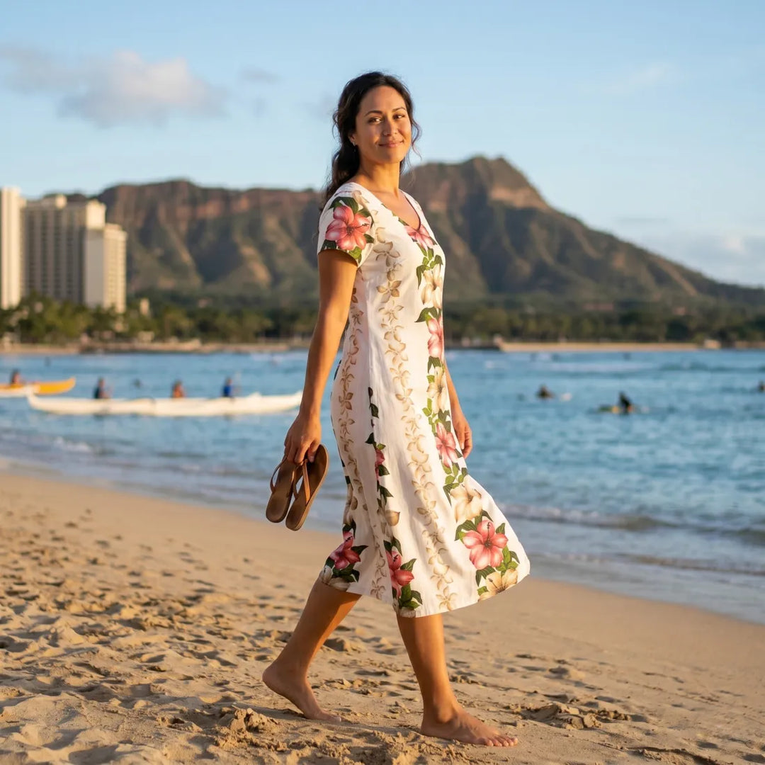Vintage Aloha Cream Nalani Hawaiian Dress - Made in Hawaii
