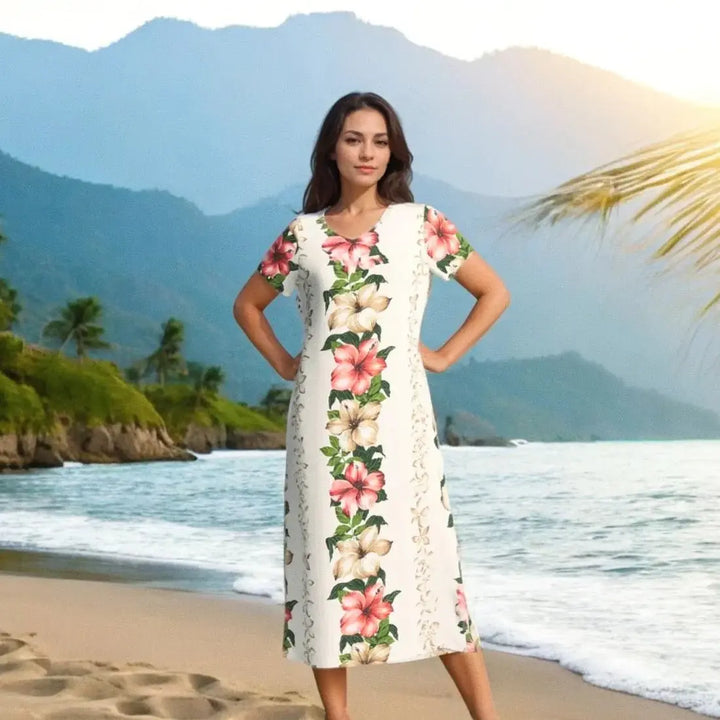 Vintage Aloha Cream Nalani Hawaiian Dress - Made in Hawaii