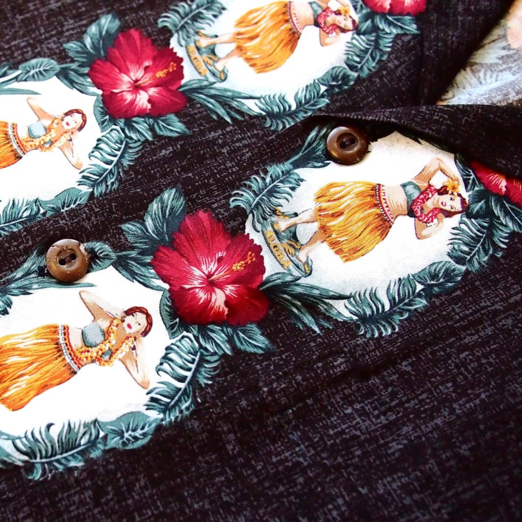Vintage Hula Girl Black Hawaiian Rayon Shirt Made in Hawaii