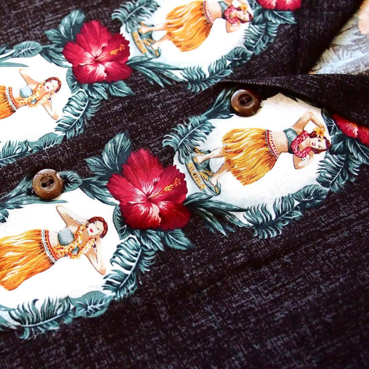 Vintage Hula Girl Black Hawaiian Rayon Shirt Made in Hawaii