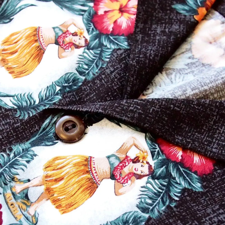 Vintage Hula Girl Black Hawaiian Rayon Shirt - Made in Hawaii