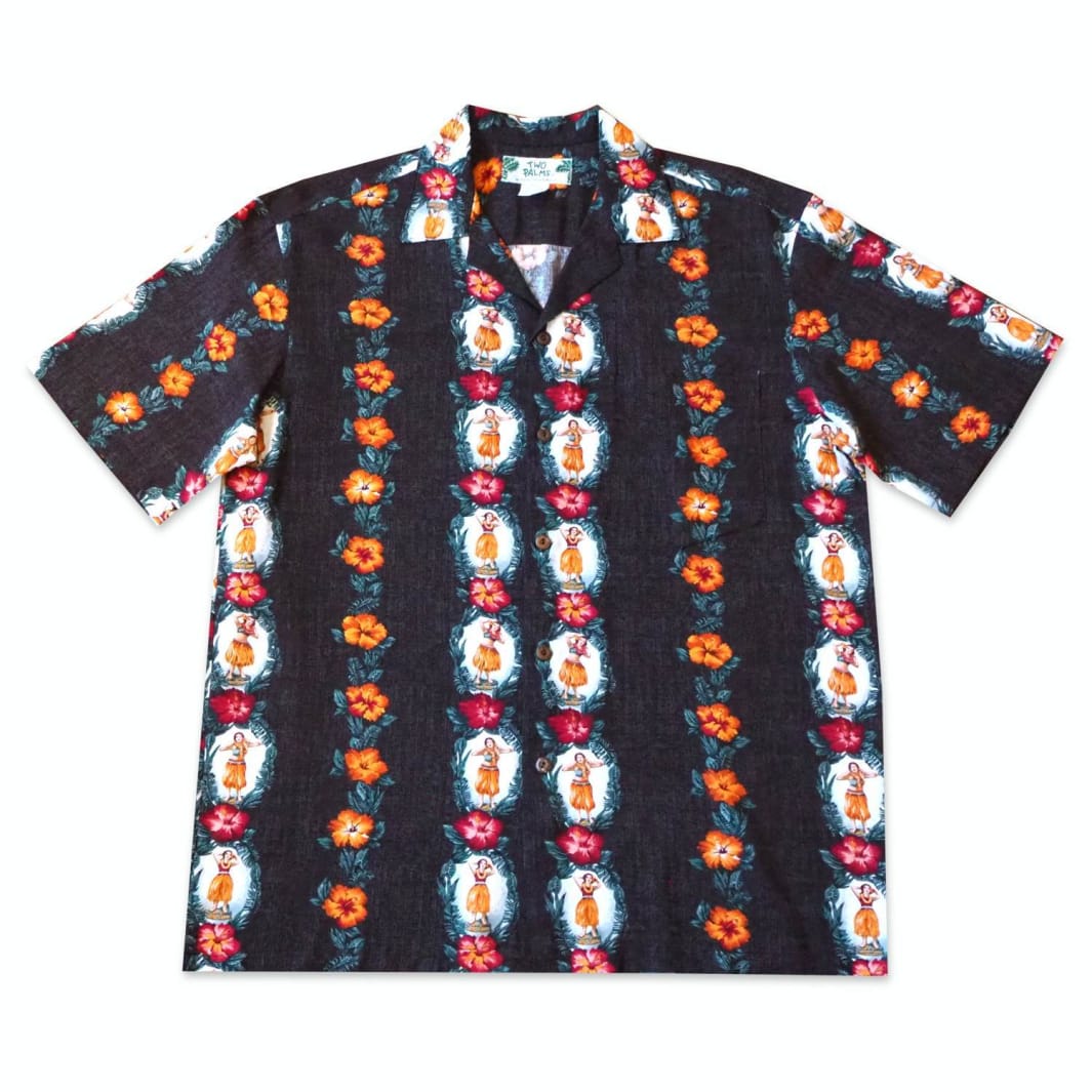 Vintage Hula Girl Black Hawaiian Rayon Shirt Made in Hawaii