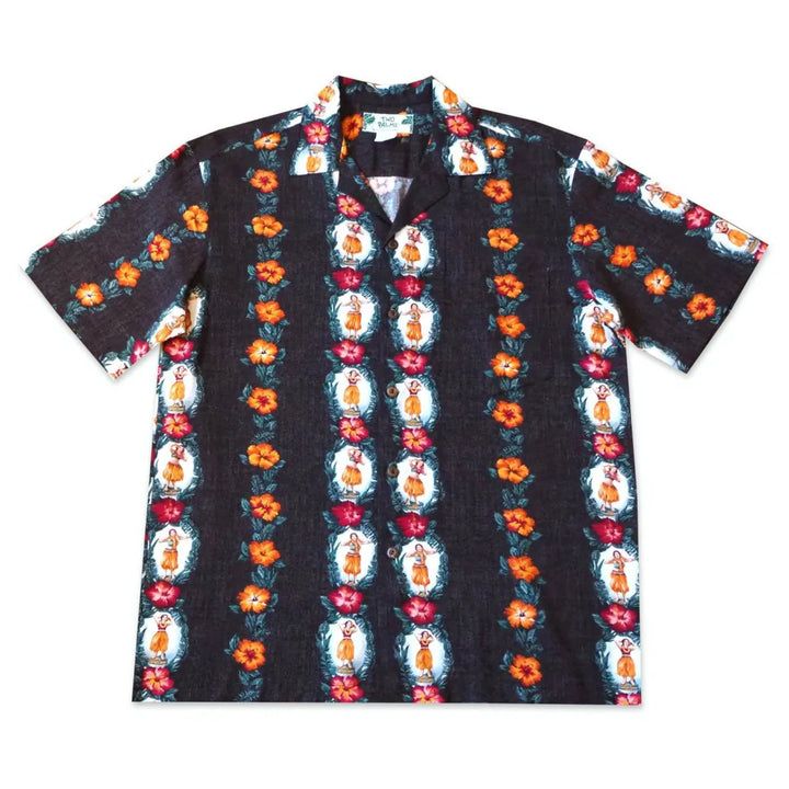 Vintage Hula Girl Black Hawaiian Rayon Shirt - Made in Hawaii