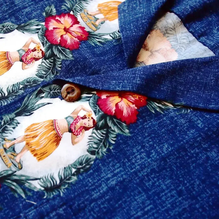 Vintage Hula Girl Blue Hawaiian Rayon Shirt Made in Hawaii